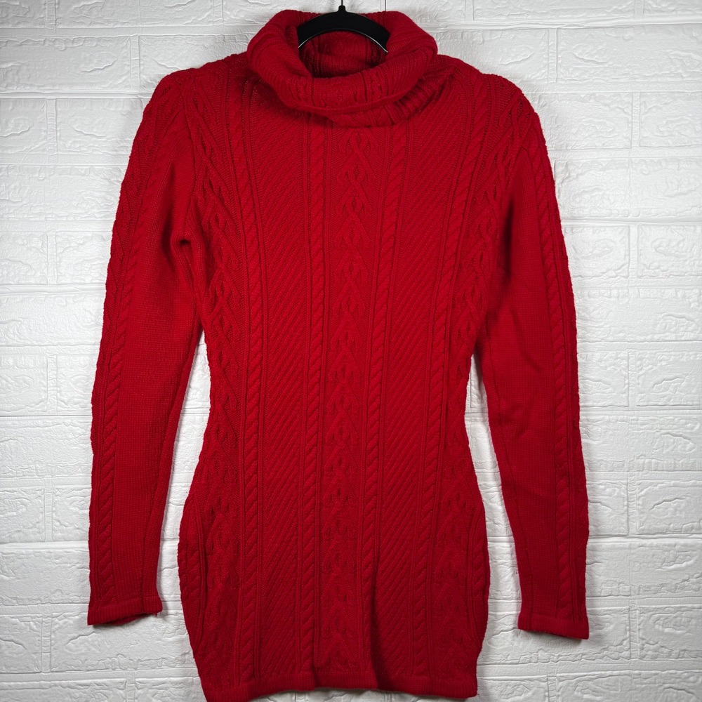 Cable Knit Sweater Dress Women US 0-4 Red Turtleneck Long Sleeve Mini Winter